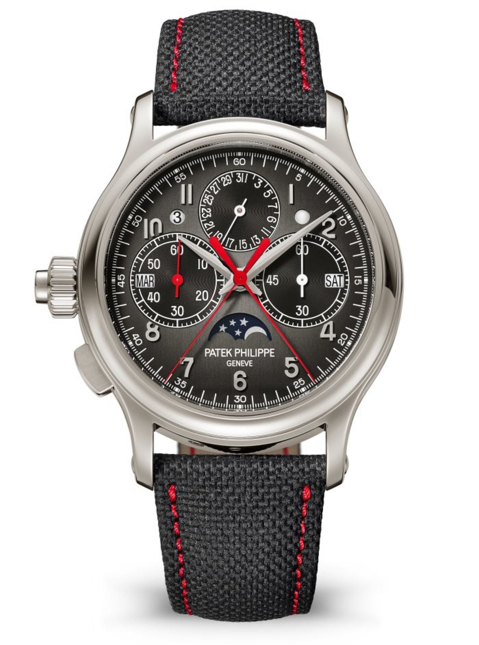 Patek Philippe Schleppzeiger-Monopusher-Chronograph für Linkshänder, Ewiger Kalender. Face