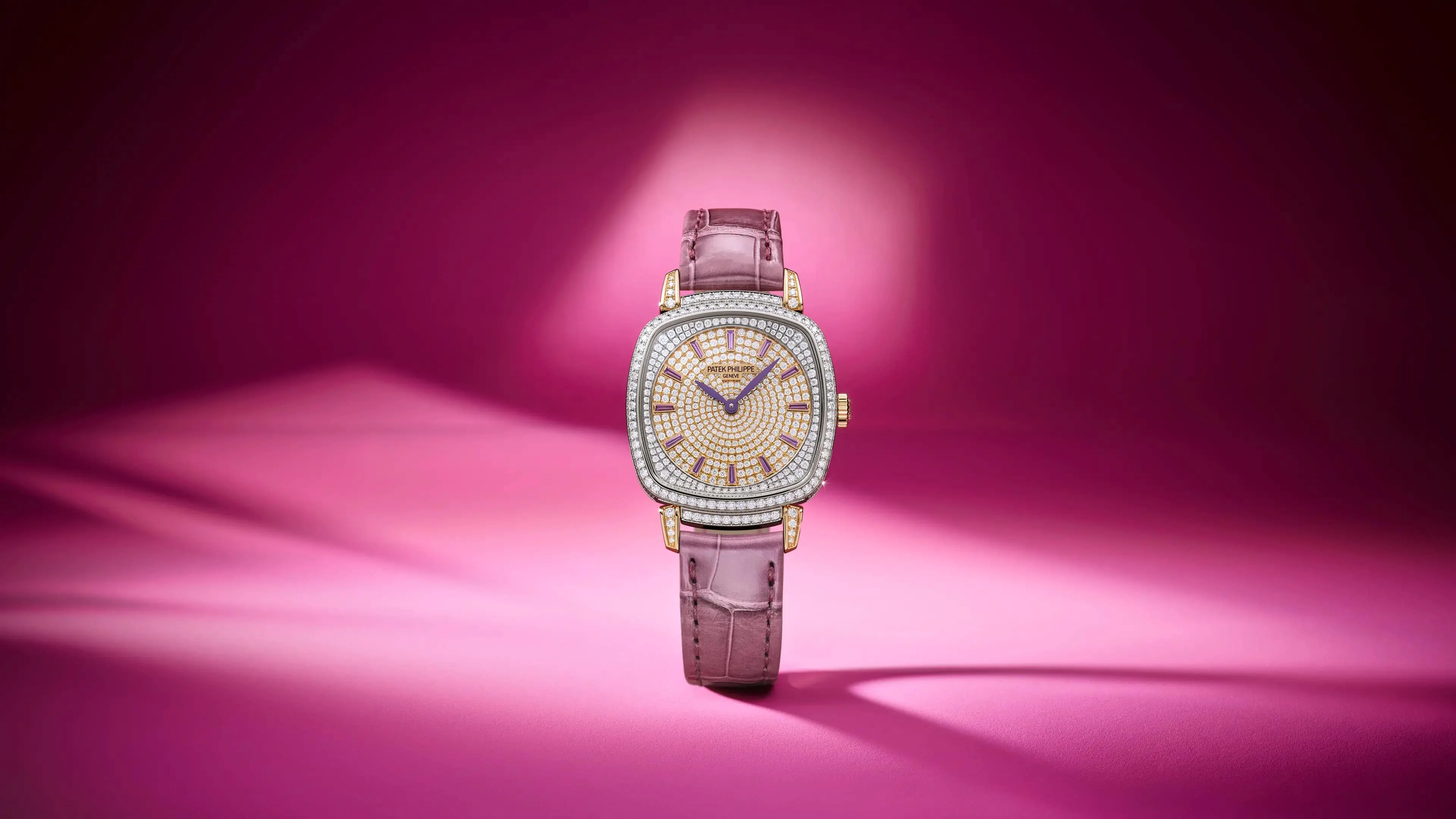 Patek Philippe Gondolo Ladies First 7043/250GR-001 mit Diamantbesatz, Amethyst-Indizes und violettem Alligatorlederarmband
