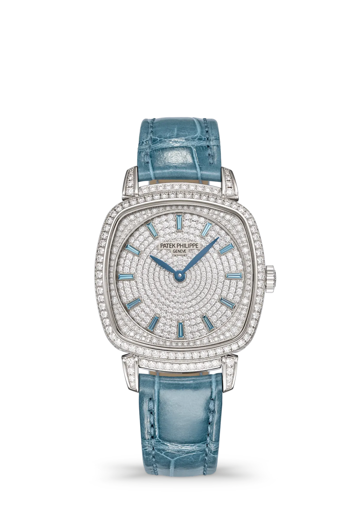 Patek Philippe Gondolo Ladies First 7043/250G-001 mit Diamantbesatz, Topas-Indizes und pfauenblauem Alligatorlederarmband