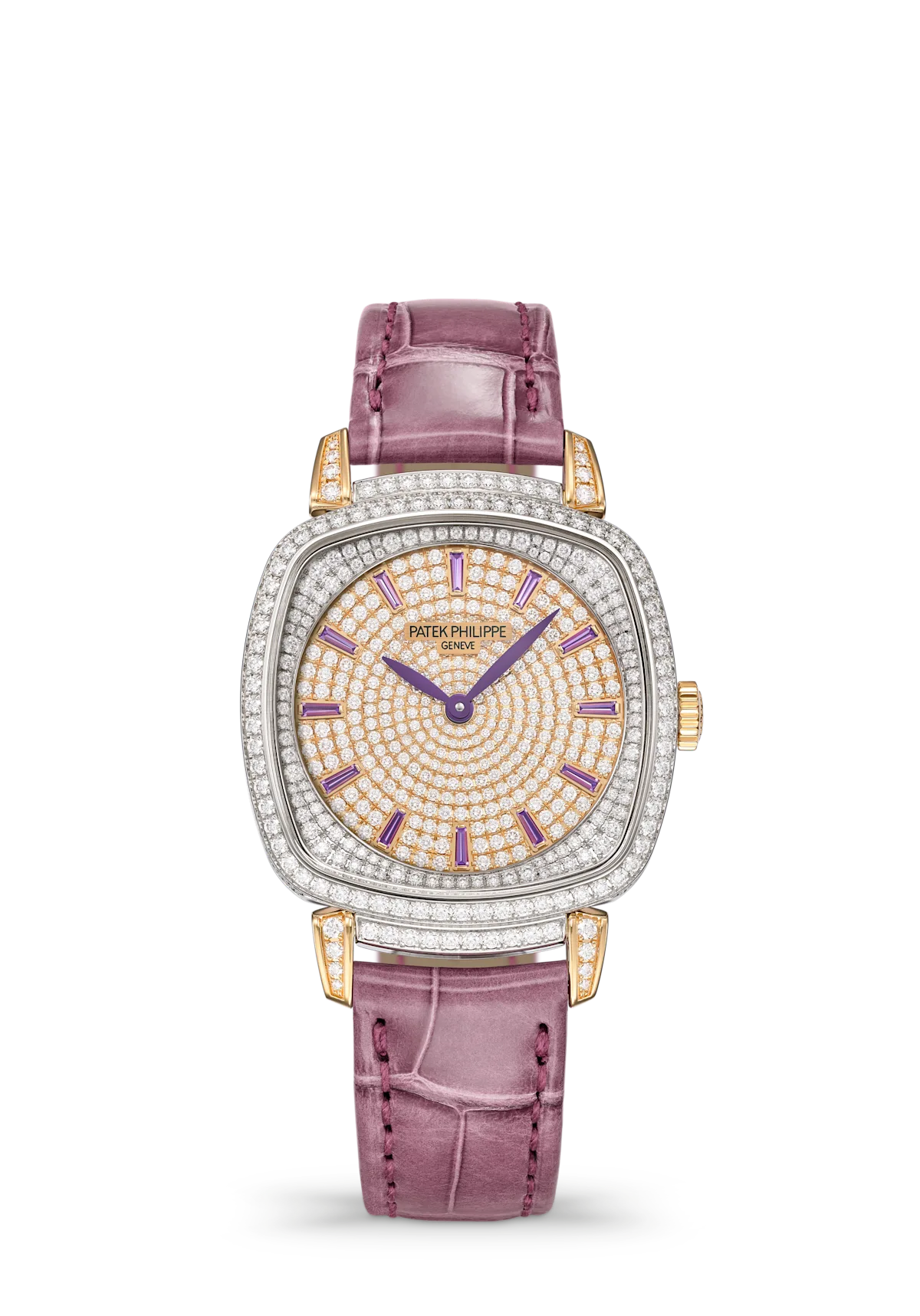 Patek Philippe Gondolo Ladies First 7043/250GR-001 mit Diamantbesatz, Amethyst-Indizes und violettem Alligatorlederarmband