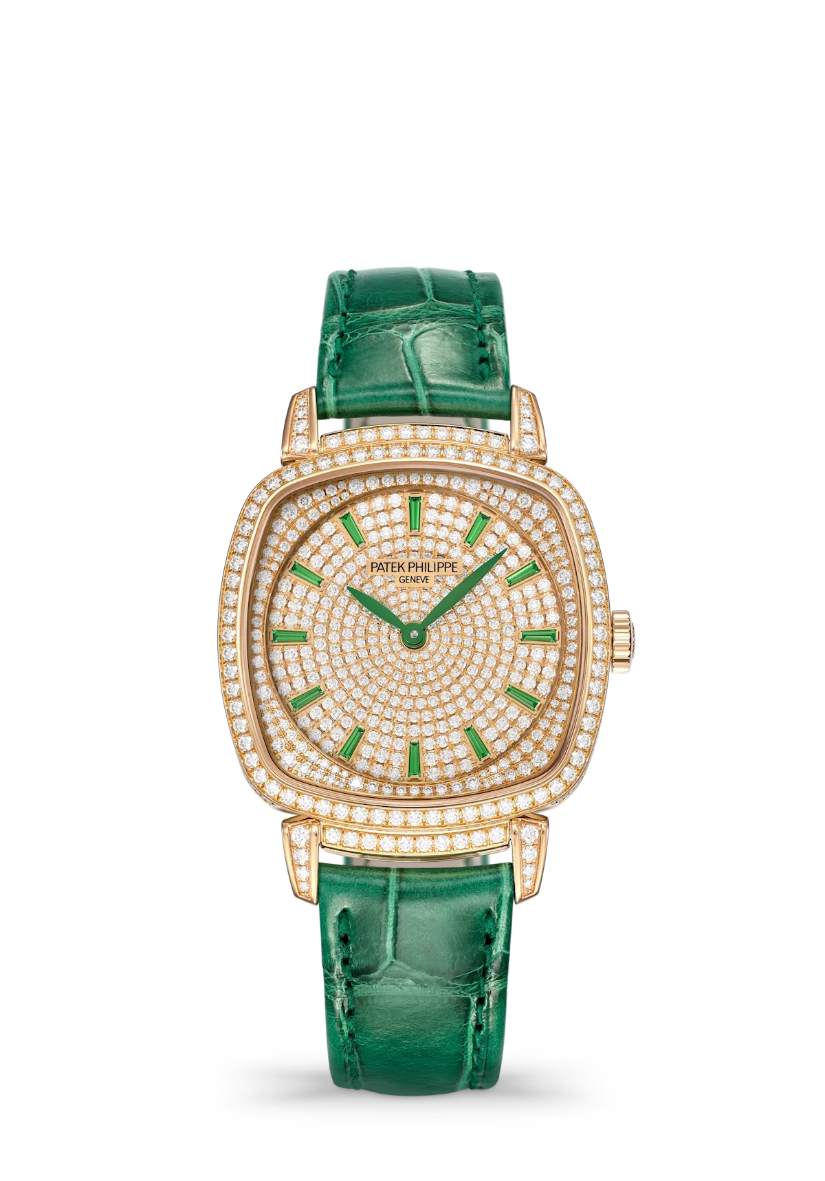 Patek Philippe Gondolo Ladies First 7043/250R-001 mit Diamantbesatz, Tsavorit-Indizes und grünem Alligatorlederarmband